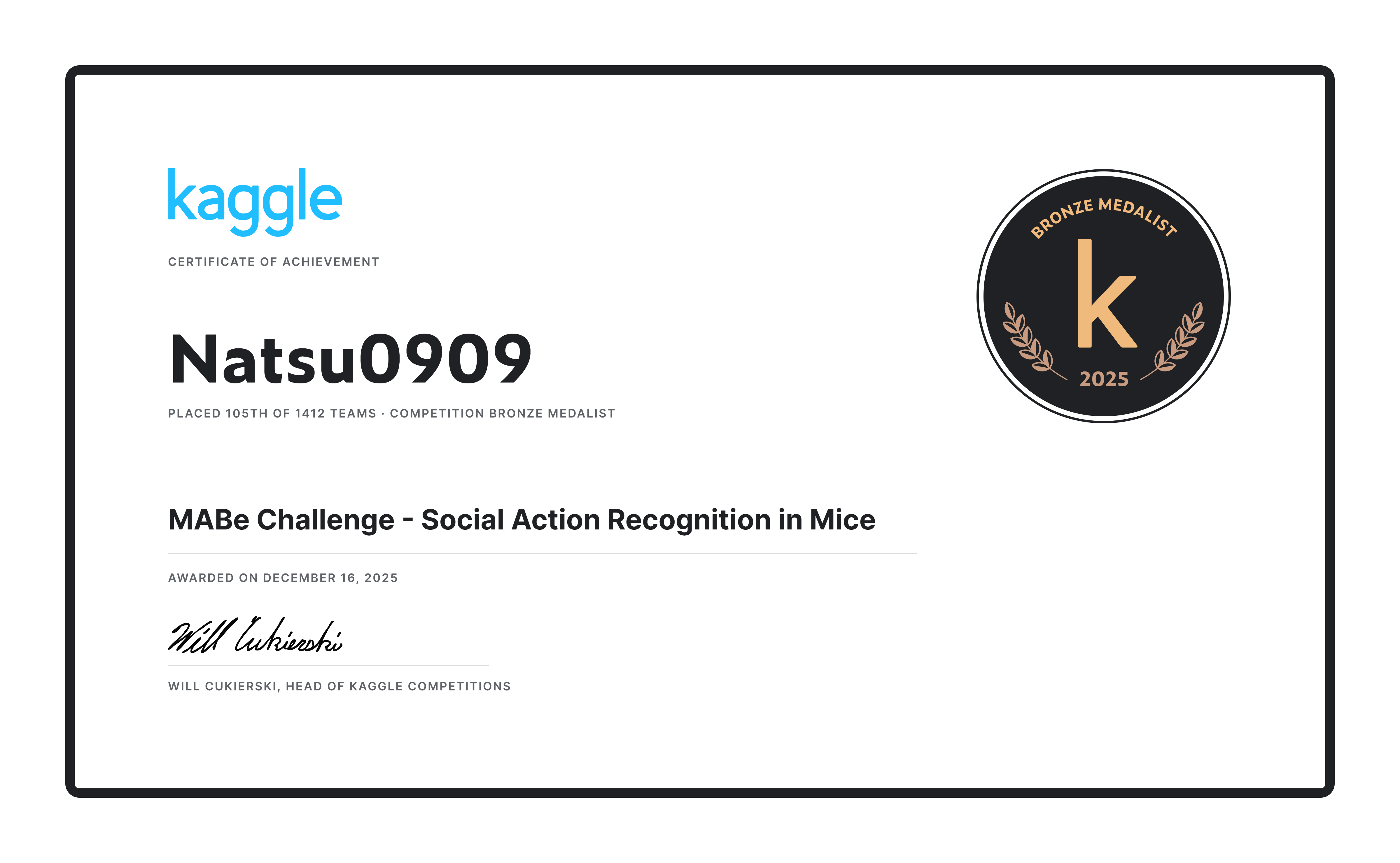 Kaggle MABe Challenge bronze medal certificate